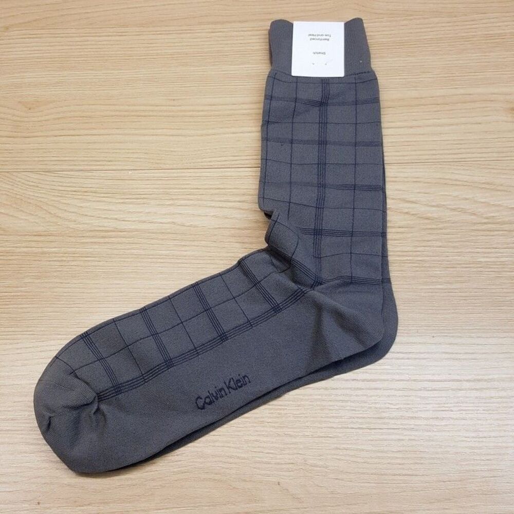 CALVIN KLEIN Mens Crew Dress Socks Gray Tile Check Lightweight Reinforced Toe